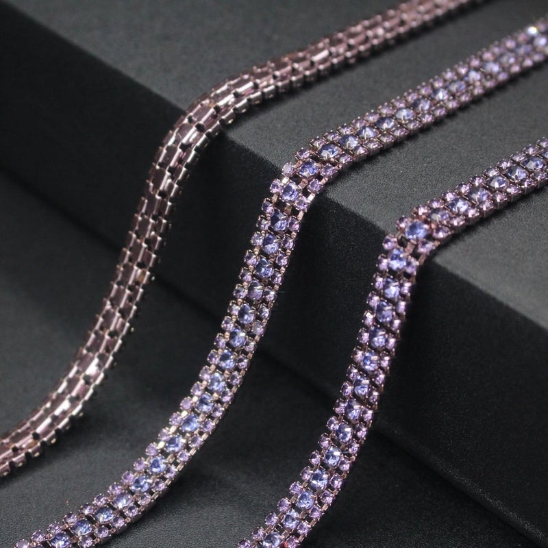 PEARLY JUN 3 Yards 3 Rows Violet Purple Rhinestone Chain Bling Crystal Trips Diamond Applique Silver Fringe Trim for Crafts Dress Applique Clothing Sewing Embellishments - Image 2